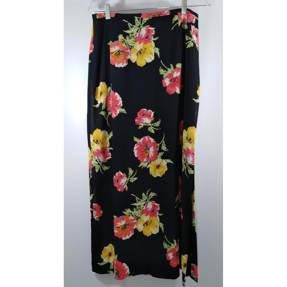 Emma James Womens Black Floral Modest Lined Sheer Skirt Size 12
